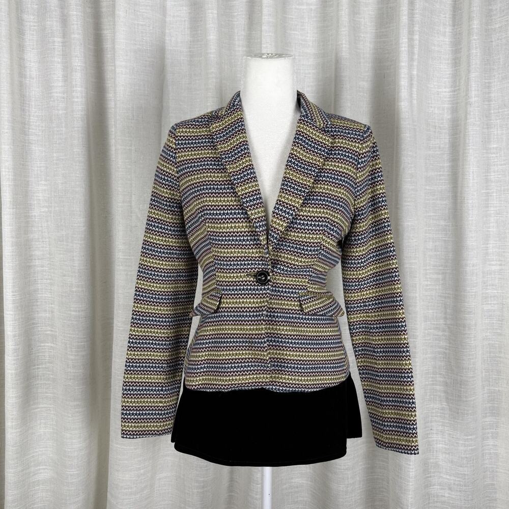 Holly Bracken Blazer Jacket Womens XS Multicolor Chevron One Button Lined Short